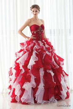 Red and white ballgown wedding dress. Custom from 30+ colors and any sizes by GemGrace's affordable solution, pro since 2009. Red And White Quinceanera Dresses, Red Ball Gowns, Blue Quinceanera, Charro Quinceanera Dresses, White Quinceanera Dresses, Beautiful Ball Gowns, Red Ball Gown, Beautiful Ball, Tulle Ruffles