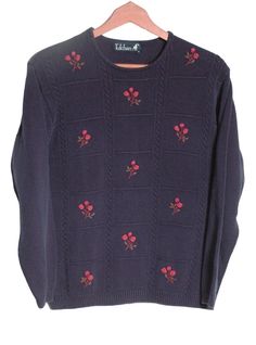 Vintage Tulchan sweater. Navy blue in colour with detailed floral embroidery. Made from a cotton fabric. Label reads M. Condition: Excellent vintage condition. Bust: 38in Length: 23in Inside sleeve: 18in More vintage clothing on our website www.brickvintage.com Vintage Embroidered Cotton Sweater, Retro Embroidered Cotton Sweater, Retro Cotton Embroidered Sweater, Vintage Embroidered Crew Neck Sweater, Sweater Navy Blue, Pullover Outfit, Embroidered Sweater, Women Pullover, Floral Embroidery