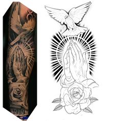 two different tattoos, one with praying hands and the other with roses