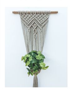 there is a plant hanging on the wall with macrame beads and greenery