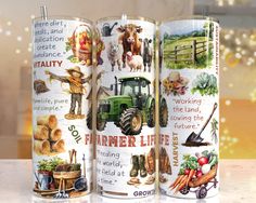 three farm themed coffee mugs sitting on a table with the words farmer life printed on them