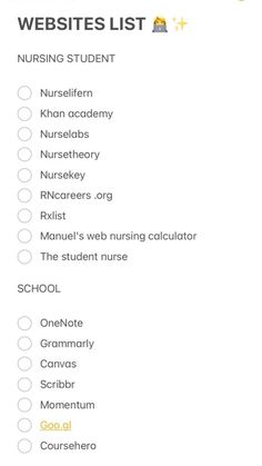 a list with the words and numbers for nursing students to use on their own website