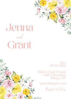 a wedding card with yellow and pink flowers on the front, and white back ground