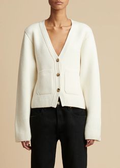 The Scarlet Cardigan in Glaze– KHAITE Wide Sleeve Cardigan, Cardigan Outfit, Cable Cardigan, Cardigan White, Cashmere Color, Wardrobe Edit, Cardigan Outfits, Style Jeans, White Cardigan