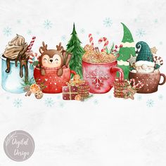 a watercolor christmas scene with mugs filled with candy, cookies and candies