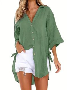 Solid Color V Neck Blouse, Casual Half Sleeve Blouse For Spring & Summer, Women's Clothing Solid Color Button-up Beach Blouse, Beach Button-up Solid Color Blouse, Solid Color V-neck Shirt For Beach, Solid Color Summer Tunic Top, Solid Color Summer Blouse For Beach, Solid Color Summer Beach Blouse, Summer Tunic Tops, Long Sleeve Blouse For Beach, Green Beach Tunic Blouse