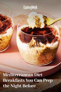 two desserts with different toppings are on a pink plate and the words mediterranean diet breakfast you can prep the night before