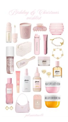 the contents of a birthday and christmas wish list are shown in pinks, golds, and white