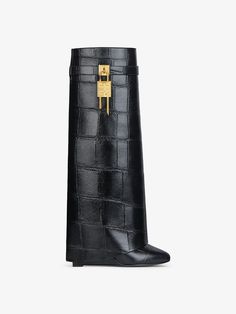 Shark Lock boots in crocodile effect leather in - black | Givenchy US Givenchy Shark Boots, 2025 Predictions, Shark Lock Boots, Crocodile Fashion, Givenchy Heels, Shark Boots, Chloe 2024, Crocodile Boots, Rhinestone Boots