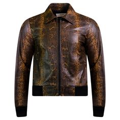 Outstanding rare leather blouson by Celine from their F/W 2019 collection. This brown snakeskin print jacket is a variation of the runway look 24 - the runway version with epaulettes was never produced . This unique western style snake-print jacket is made from goatskin and it features a fitted short silhouette, a collared neckline, elasticated wrists and waistline, pockets at the front, a front zipper closure with Celine engraved on the zipper. The leather has an incredible shine and it feel like a truly luxurious piece. It is lined with silky black cupro - and so comfortable to wear. As seen on Jeff Goldblum on the Kelly Clarkson show. Made in Italy Size 46 - please refer to measurements below Shoulders 46cm Chest 52cm Waist 44cm Length from shoulder 57cm This Celine jacket has been very Jeff Goldblum, Azzedine Alaia, Hedi Slimane, Phoebe Philo, Kelly Clarkson, Snakeskin Print, Print Jacket, Printed Leather, Western Style