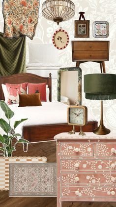 an assortment of furniture and decor items in a bedroom