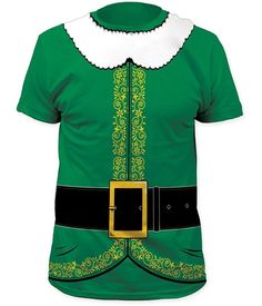 a green and white shirt with a gold buckle on the chest, wearing a santa claus costume