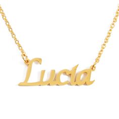 "Gold Plated Personalised Necklace Pendant A Wonderful Gift for Mother's Day, Birthdays, Thank You, Wedding, Engagement or any other Special Occasion *~ comes with Free Gift Box & Gift Bag ~* Exceptionally High Quality Solid Product at an Amazing Price! ~ Tested & Certified by the UK's Largest Assay Office ~ Necklace Thickness : 1mm approx Necklace Height : 5-8mm approx Necklace Width : 30mm to 70mm approx, depends on how many letters are in the name. Weight : 5g to 10g depending on the Gold Name Necklace For Party Gift, Gold Name Necklace For Party And Gift, Gold Name Necklace For Party And Gift Occasions, Gold Jewelry For Party With Gift Box, Gold Party Jewelry With Gift Box, Gold Name Necklace For Christmas Birthday Gift, Elegant Name Necklace For Party And Gift, Gold Name Necklace For Wedding And Christmas, Personalized Rose Gold Jewelry For Christmas