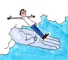 a drawing of a man riding on the back of a giant toothbrush in water