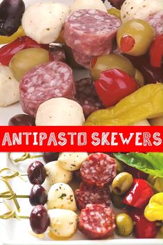 an assortment of skewers on a plate with the words antipasto skewers