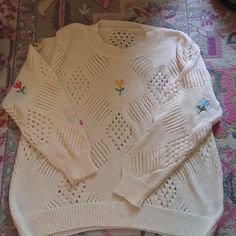 Ladies Plus Size Knit Embroidered Sweater, Beautiful Cream Colored Sweater With Embroidered Flowers. From Shein Size 2x Brand New Without Tags. White Long Sleeve Sweater With Floral Embroidery, White Floral Embroidered Long-sleeved Sweater, White Winter Sweater With Floral Embroidery, White Floral Embroidery Sweater For Winter, White Floral Embroidery Winter Sweater, Embroidered Knit Long Sleeve Sweater, Spring Sweater With Multicolor Embroidery And Long Sleeve, Embroidered Long Sleeve Knit Sweater, Multicolor Embroidered Long Sleeve Spring Sweater