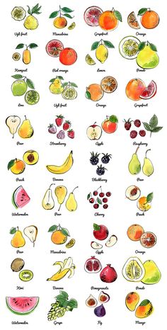 an image of different fruits and vegetables on a white background, with the names in english