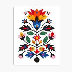 an art print with colorful flowers and leaves on white paper, in the shape of a flower