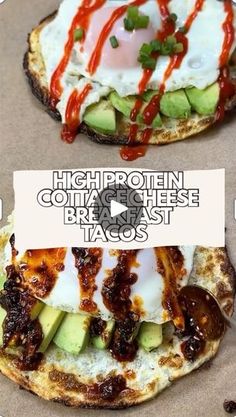 three different types of food sitting on top of each other with the words high protein cottage cheese breakfast tacos