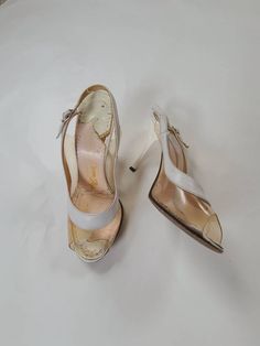 "Vintage, 60s, structurally good, has some cosmetic wear to insoles. Leather bottom Size 6 Leather Insole 9\" Ball of foot across 2.5 Heel 3\" Dream Step" Elegant Synthetic Slingback Slip-on Sandals, Elegant Slip-on Slingback Sandals In Synthetic, White Slingback Sandals With 4-inch Heel For Party, Chic White Slingback Sandals With 4-inch Heel, White Slingback Sandals With 4-inch Heel, Clear Sandals, Stirrup Pants, Sandals White, Fun Pants