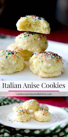 italian anise cookies with sprinkles are stacked on top of each other