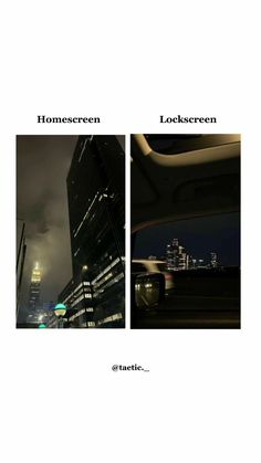 an image of some buildings at night and the same time as seen from inside a car