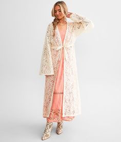 Gimmicks Floral Lace Kimono - Cream Large, Women's Birch Gimmicks x Rustic Bones Collection Crochet trim front tie kimono Bust measures 42 on size small Body length 49 on size small. Layering piece(s) and/or accessories sold separately.. Lace: 35% Nylon 35% Cotton 30% Rayon. Contrast: 92% Polyester 8% Cotton. Machine wash cold inside out with like colors. Use non-chlorine bleach when needed. Tumble dry low. Low iron if needed. . Measurements: Bust -Fullest part of bust with arms at sides. Waist Fitted Wrap Kimono For Spring, Spring Fitted Wrap Kimono, Fitted Kimono For Spring Loungewear, Bohemian Spring Kimono With Tie Waist, Cream Wrap Kimono For Spring, Long Cream Spring Kimono, Cream Summer Kimono, Summer Cream Kimono, Spring Lace Long Sleeve Kimono