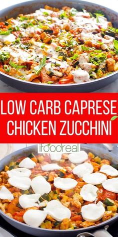 low carb caprese chicken zucchini in a skillet with text overlay