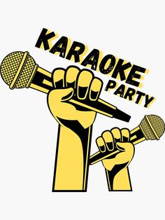 the karaoke party logo is shown with two microphones in front of it and one hand holding a mic