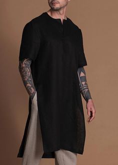 Short Sleeves Linen Tunic | Summer Linen Tunics and Tops |Shantima Tunic For Men, Authentic People, Linen Duster, Long Linen Shirt, Mens Tunic, Jumpsuit Linen, Skirt Linen, Male Kimono, Mens Kurta Designs