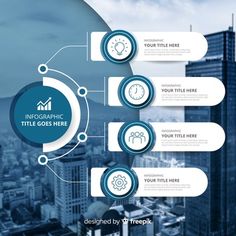 a blue and white business info graphic with circles around it that are connected to the cityscape