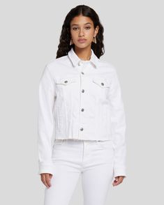 An essential for every closet, this classic trucker jacket is crafted from our Luxe Vintage denim that offers authentic vintage styling with modern stretch for comfort. This women's jacket is offered in a clean white just in time for the season. Let it add a pop to all your looks, casual and polished. Trucker Jacket, Vintage Denim, Jackets For Women, Vintage Fashion