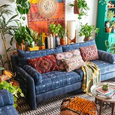 a living room filled with furniture and lots of plants on top of the couches