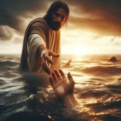 jesus in the water with his hands extended out to touch the water's surface