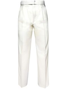 milk white virgin wool pressed crease pleat detailing belt loops belted waist wide leg concealed front fastening two rear button-fastening jetted pockets partial lining Trousers White, Versace Outfit, Wool Trousers, Dress Watch, Short Suit, Nike Air Max 97, Sweaters Knitwear, Espadrille Shoes, Lanvin