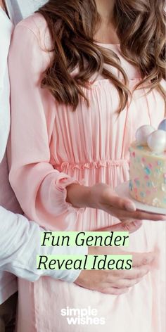 a woman holding a cake with white frosting on it and the words fun gender reveal ideas