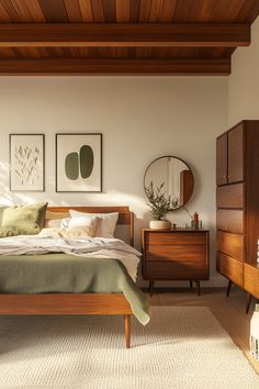 a bed room with a neatly made bed and wooden dressers next to each other