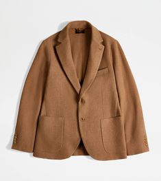 Unlined blazer in jersey, characterized by lapels, breast pocket with leather piping and patch lower pockets, one with an embroidered T. Fastened with branded buttons, it interprets an informal and relaxed elegance. Brown Tailored Luxury Wool Coat, Luxury Tailored Brown Wool Coat, Tailored Cashmere Blazer With Notch Lapel, Luxury Tailored Cashmere Blazer, Luxury Notch Lapel Sport Coat For Winter, Brown Luxury Cashmere Outerwear, Luxury Brown Cashmere Outerwear, Tailored Cashmere Blazer For Business, Luxury Winter Sport Coat With Notch Lapel