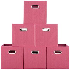 six pink storage bins stacked on top of each other