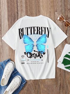 Teen Girls Butterfly & Slogan Graphic Tee White Casual  Short Sleeve Cotton Letter,Butterfly  Slight Stretch  Teen Girls Clothing, size features are:Bust: ,Length: ,Sleeve Length: Best Friend Photos, Quick Outfits, Shirts For Teens, Easy Trendy Outfits, Cute Tshirts, Teen Girls