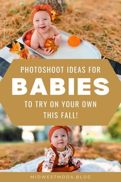 two babys sitting in a bowl with pumpkins on the ground and text overlay reads