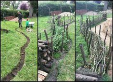 there are three pictures of people working in the yard and one is digging for wood