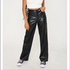 Brand New With Tags Spring High-rise Casual Leather Pants, Casual High Rise Leather Pants For Spring, Spring High Rise Casual Leather Pants, Edgy Straight Leg Bottoms For Going Out, Casual Straight Leather Pants For Night Out, Trendy Straight Leg Bottoms For Going Out, Casual High-waisted Leather Pants For Night Out, Casual High Rise Leather Pants For Night Out, Casual Full Length Bottoms For Going Out