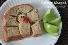 a turkey sandwich cut in half on a paper plate next to an apple wedges