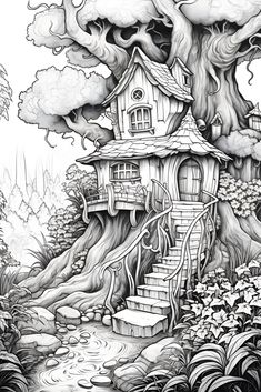 a drawing of a tree house in the middle of a forest with stairs leading up to it