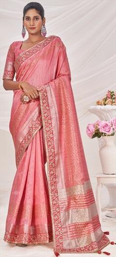 Pink and Majenta color Saree in Art Silk fabric with Border, Embroidered, Sequence work Luxury Pink Saree With Gota Work, Pink Art Silk Wedding Fabric, Reception Saree, Reception Lehenga, Engagement Reception, Sequence Work, Color Art, Waist Chain, Traditional Sarees