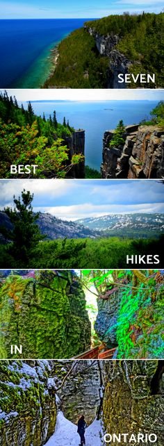 four different views of the ocean and mountains