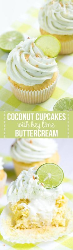 coconut cupcakes with white frosting and lime slices on the top one is cut in half