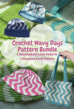 the crochet way days pattern bundle includes two hats, one bag and one purse