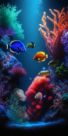 an aquarium filled with lots of different types of fish and corals in the water